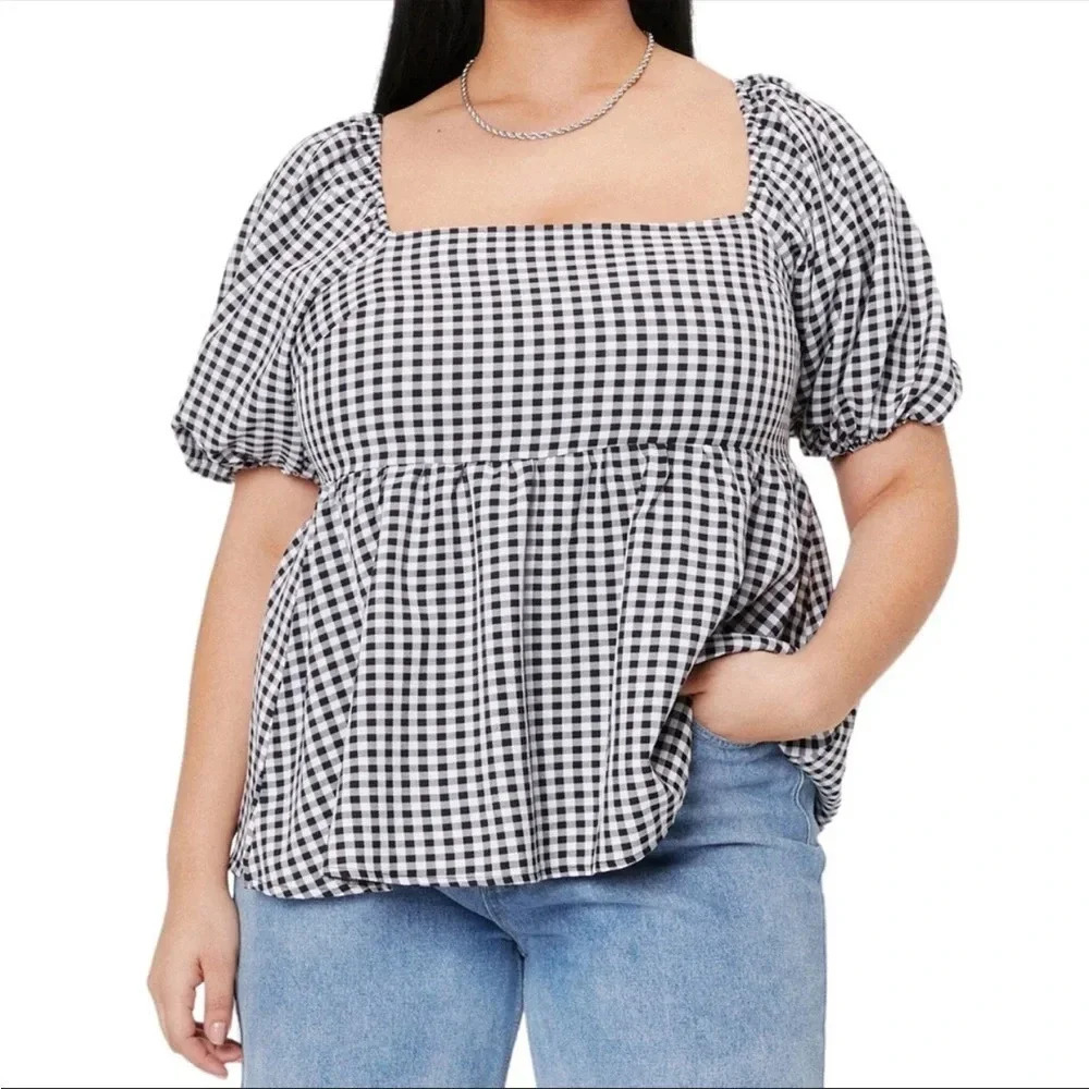 Nasty Gal Gingham Print Puff Sleeve Top Size 14